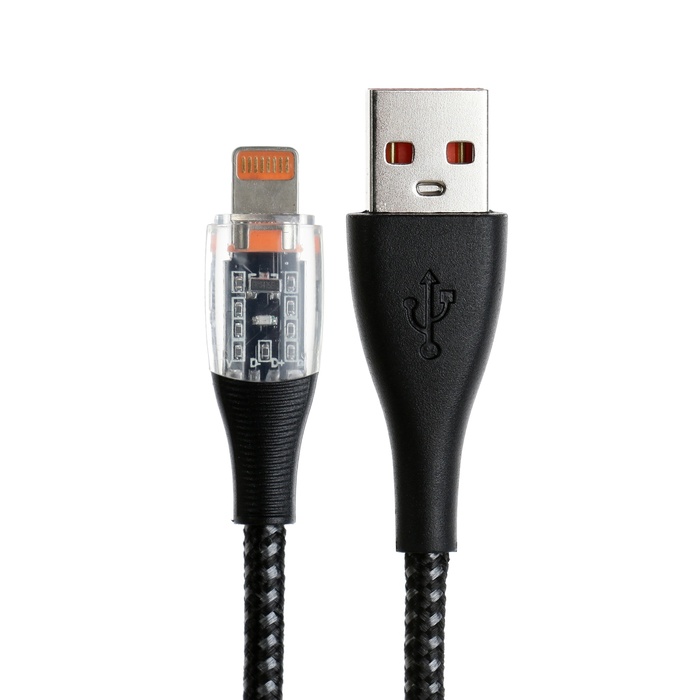 Кабель, 2 А, Lightning  - USB, прозрачный, оплётка нейлон, 1 м, чёрный - фото 51531571