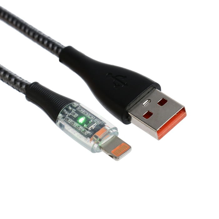 Кабель, 2 А, Lightning  - USB, прозрачный, оплётка нейлон, 1 м, серый цена и фото