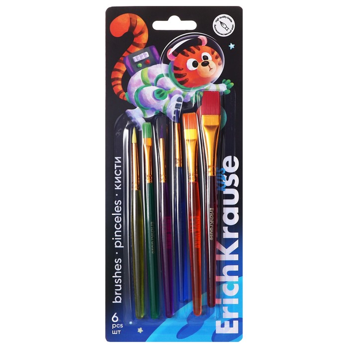 

Набор кистей синтетика 6 штуки, ErichKrause "Space Animals" для творчества, в блистере