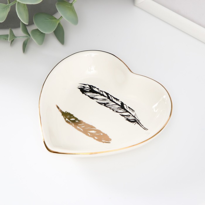 Сувенир керамика подставка под кольца "Сердце. Пёрышки" 10,5х10х2 см - Фото 1
