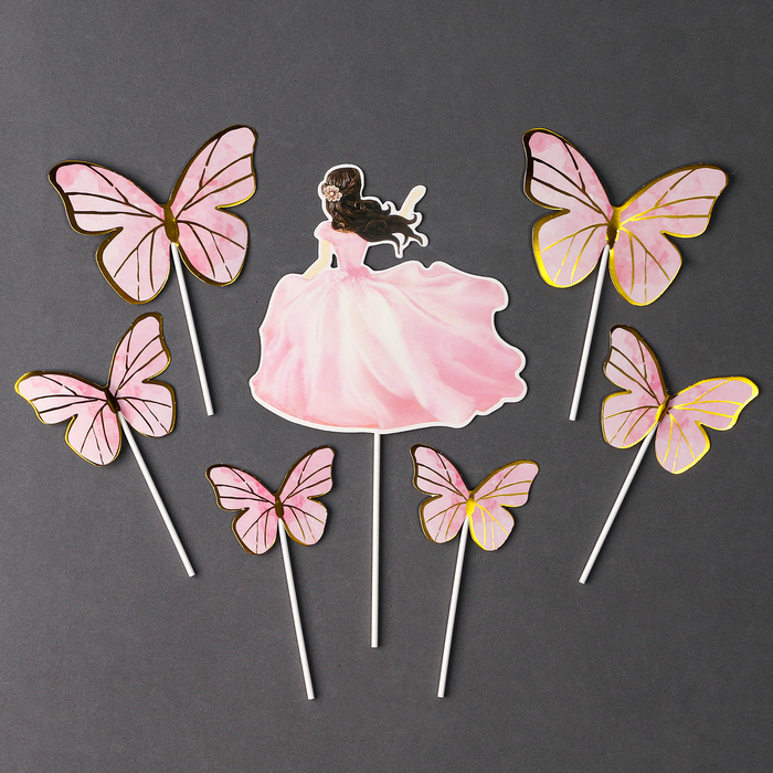 Набор для украшения "Девушка с бабочками", набор 7 шт, цвет розовый