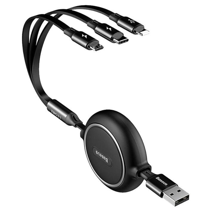 Кабель-рулетка Baseus Golden Loop, 3 в 1, microUSB/Lightning/Type-C, 3.5 А, 1.2 м, чёрный - фото 51532526