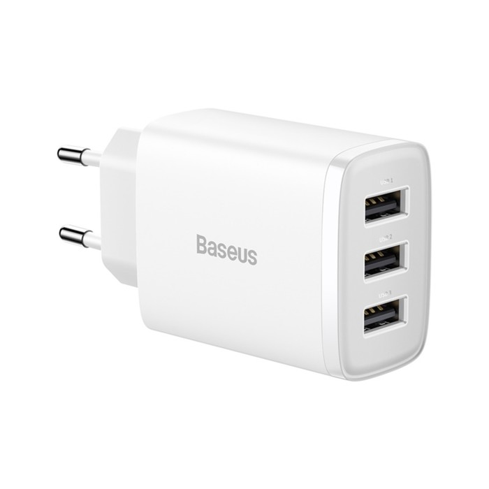 Сетевое зарядное устройство Baseus, 3USB, 3 А, 17W, белое - фото 51532678