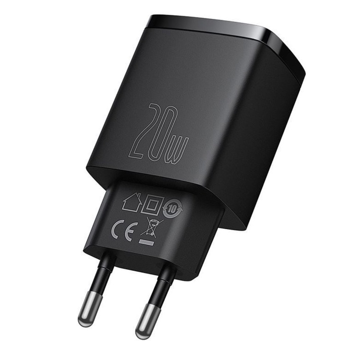 Зарядное устройство Baseus Compact Quick Charger USB+Type-C, 3A, 20W, чёрное - фото 51800241