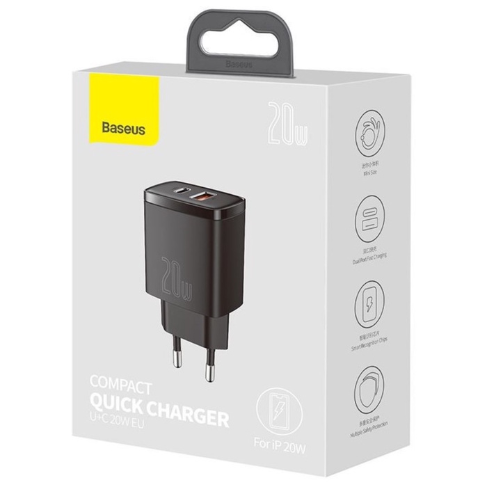 Зарядное устройство Baseus Compact Quick Charger USB+Type-C, 3A, 20W, чёрное - фото 51800242