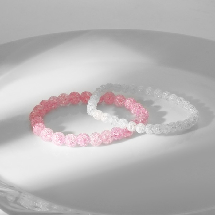 Набор браслетов шар №6 и №8 «Кварц сахарный», цвет бело-розовый - Фото 1