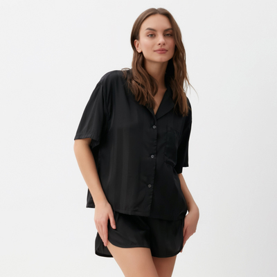 Пижама женская (рубашка, шорты) KAFTAN SILK «Полоска», размер 40-42, чёрная
