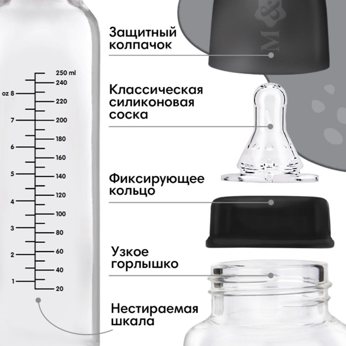 Бутылочка для кормления стекло «Молоко №1» 250 мл.