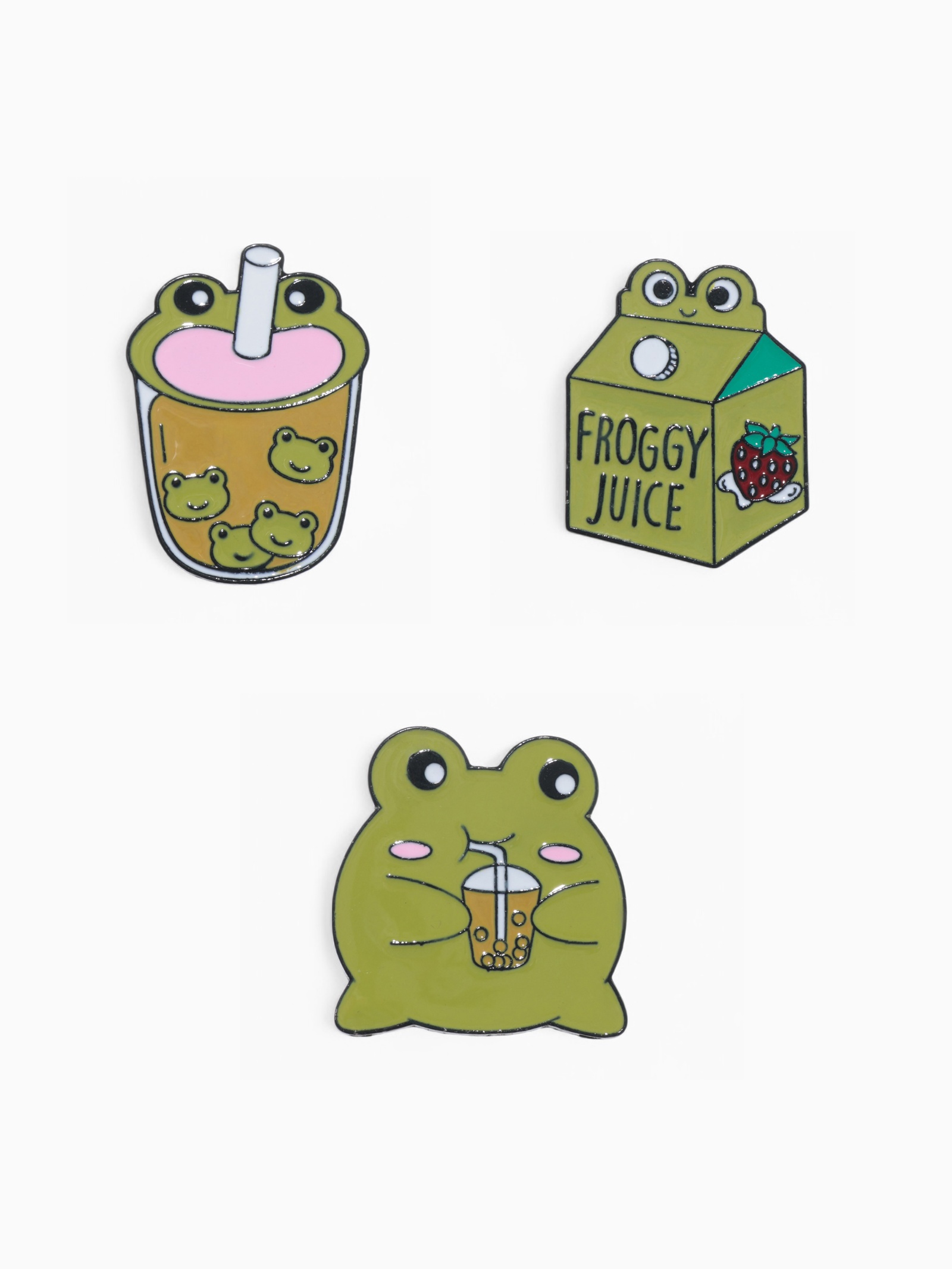 Набор значков (3 шт.) «Лягушачьи напитки», цвет зелёный в чёрном металле Набор значков (3 шт.) «Лягушачьи напитки», цвет зелёный в чёрном металле
