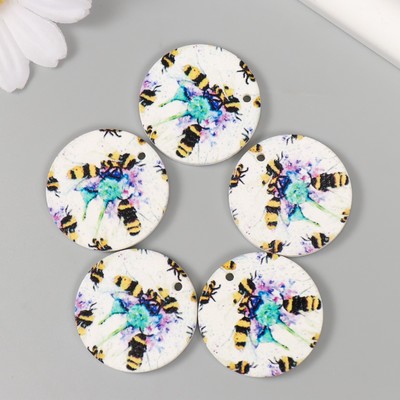 Декор для творчества дерево «Круг. Пчёлки на цветах», d=3 см