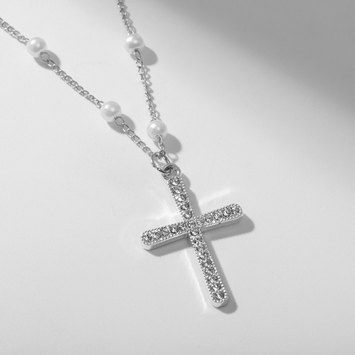Кулон на декоративной основе "Жемчужина" блестящий крест, цвет серебро, 33 см