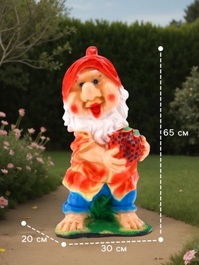 Садовая фигура из гипса «Гном с клубникой» красный, 20×30×65 см
