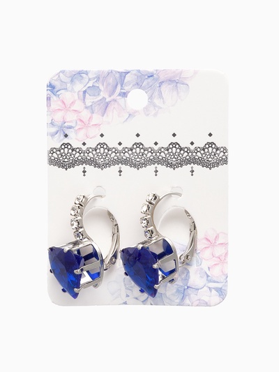 Серьги со стразами «Сердце», мерцание, синие в серебре