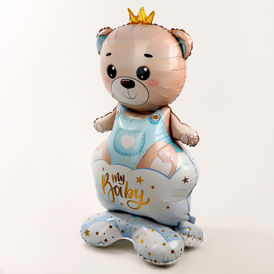 Воздушный шар фольгированный 62" «Мишка в короне — мальчик», фигура, на подставке