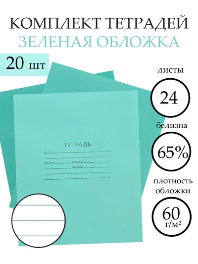 Набор тетрадей «Зелёная обложка» 20 штук, 24 листа в линейку, эконом, плотность 60 г/м²