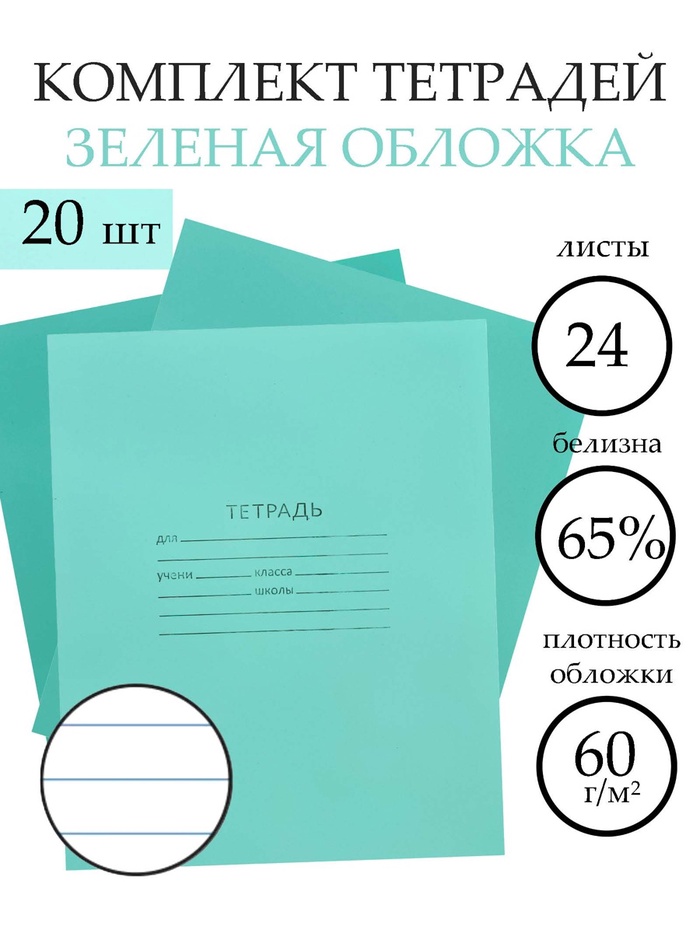 Набор тетрадей «Зелёная обложка» 20 штук, 24 листа в линейку, эконом, плотность 60 г/м² - Фото 1