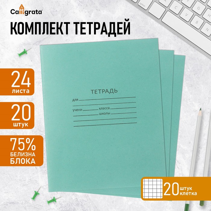 Набор тетрадей «Зелёная обложка» 20 штук, 24 листа в клетку, эконом, плотность 60 г/м² - Фото 1