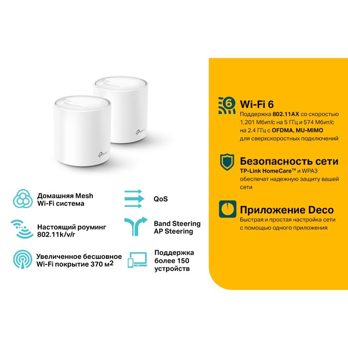 Бесшовный Mesh роутер TP-Link Deco X20 (DECO X20) AX1800, 1000 Мбит/с, 2 шт, белый - фото 51623528