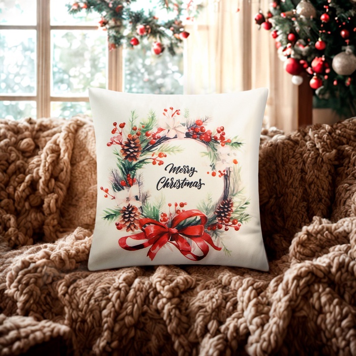 Наволочка декоративная новогодняя «Этель. Венок с бантом», 40×40 см, велюр - Фото 1