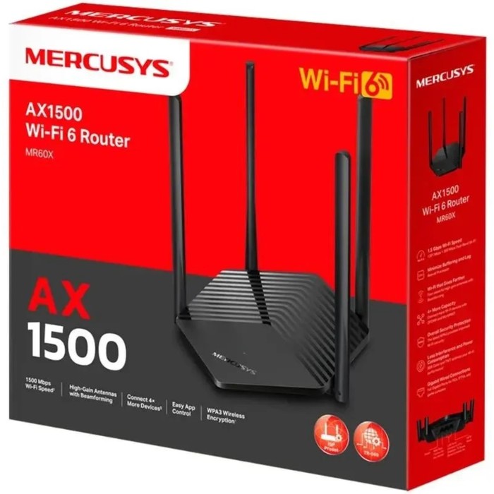 Wi-Fi роутер Mercusys MR60X, 1501 Мбит/с, 2 порта 1000 Мбит/с, чёрный