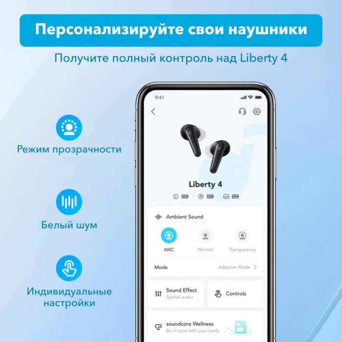 Наушники беспроводные Anker Soundcore Liberty 4, вакуумные,эквалайзер, BT5.3, 500мАч,черные - фото 51533911