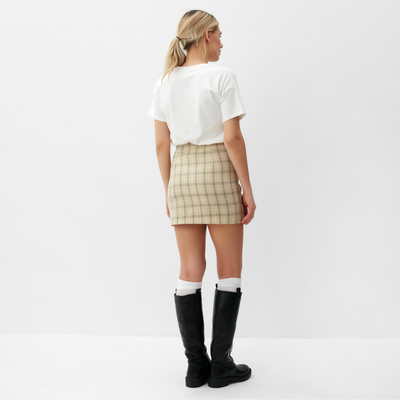 Юбка мини женская на запах MINAKU: Casual Collection, принт клетка бежевая, размер 42