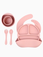 Детская посуда в наборе M&B: нагрудник, тарелка 2 шт., стакан, приборы, силикон, пыльная роза - Фото 9