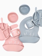 Детская посуда в наборе M&B: нагрудник, тарелка 2 шт., стакан, приборы, силикон, пыльная роза - Фото 13