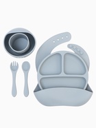 Детская посуда в наборе: нагрудник, тарелка 2 шт., стакан, приборы, M&B, силикон, серый - Фото 7
