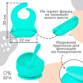 Набор для кормления: нагрудник, тарелка 2шт, стакан, приборы, Крошка Я, бирюзовый