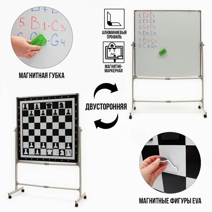 Доска двусторонняя 1х1 м, шахматная и магнитно-маркерная, поворотная на мобильном стенде