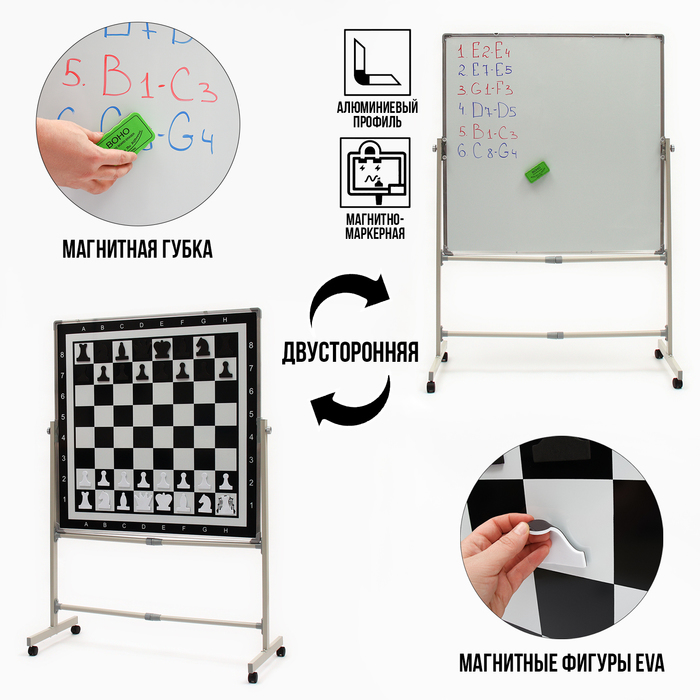 Доска магнитно-маркерная с шахматным полем, двусторонняя, мобильный стенд, 100×100 см - Фото 1