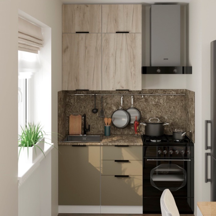 Кухонный гарнитур Альба мини 1000×600 мм, дуб браун/мокко, аламбра темная - Фото 1