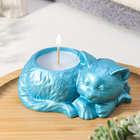 Свеча "Кошка" в подсвечнике из гипса, 7,5х10х5,5см,голубой - фото 3316242