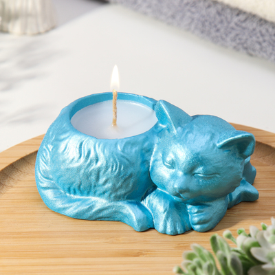 Свеча "Кошка" в подсвечнике из гипса, 7,5х10х5,5см,голубой