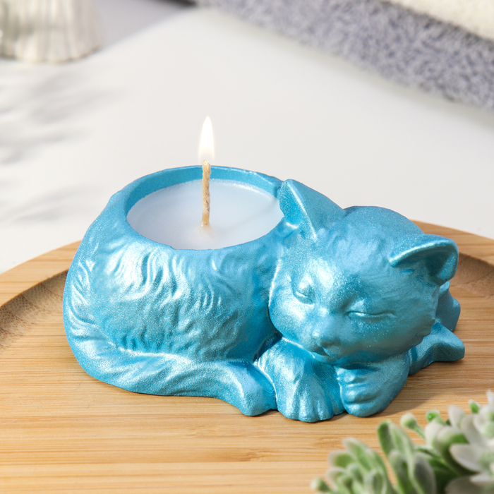 Свеча "Кошка" в подсвечнике из гипса, 7,5х10х5,5см,голубой - Фото 1
