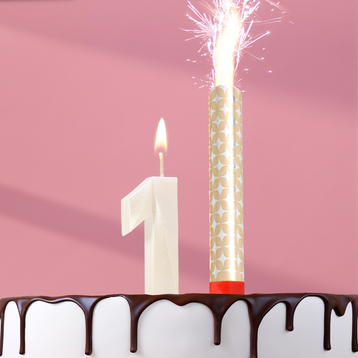 Свеча в торт "Грань + фонтан", цифра "1", жемчужный, 6,5 см