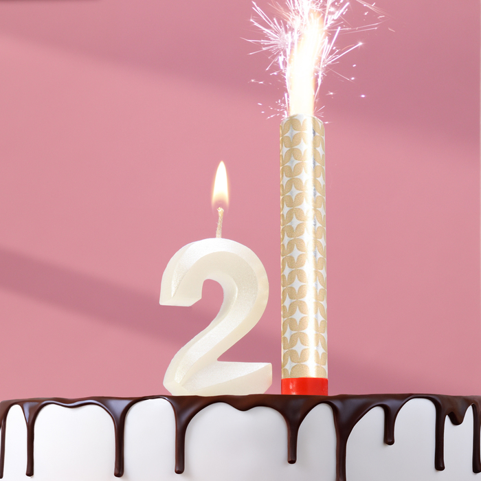 Свеча в торт "Грань + фонтан", цифра "2", жемчужный, 6,5 см
