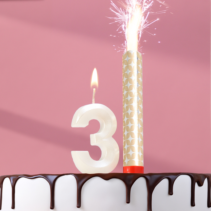 Свеча в торт "Грань + фонтан", цифра "3", жемчужный, 6,5 см