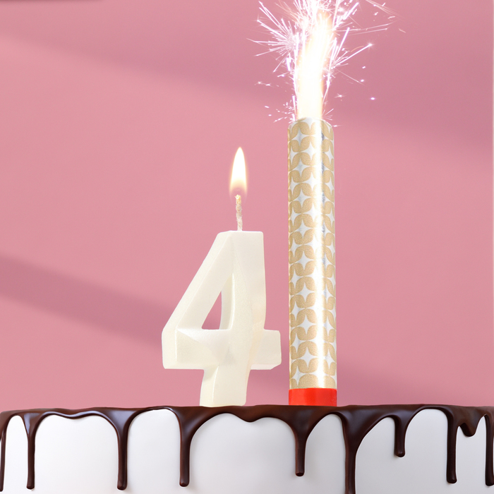 Свеча в торт "Грань + фонтан", цифра "4", жемчужный, 6,5 см