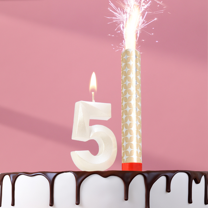 Свеча в торт "Грань + фонтан", цифра "5", жемчужный, 6,5 см