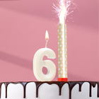 Свеча в торт "Грань + фонтан", цифра "6", жемчужный, 6,5 см - Фото 1
