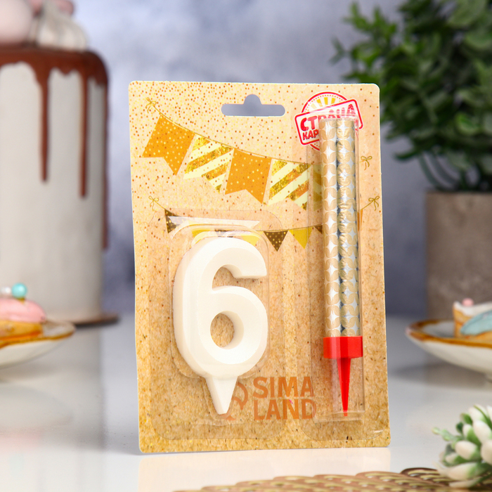 Свеча в торт "Грань + фонтан", цифра "6", жемчужный, 6,5 см