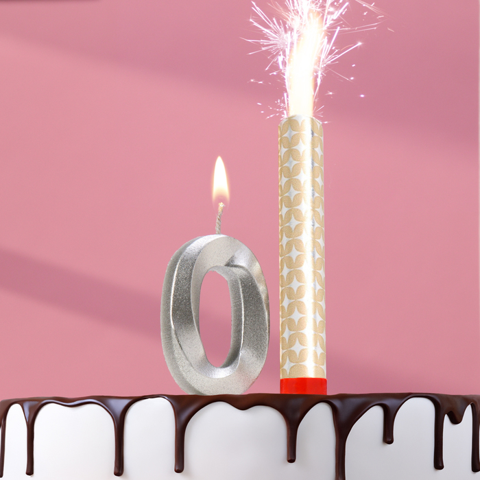 Свеча в торт "Грань + фонтан", цифра "0", серебряный металлик, 6,5 см