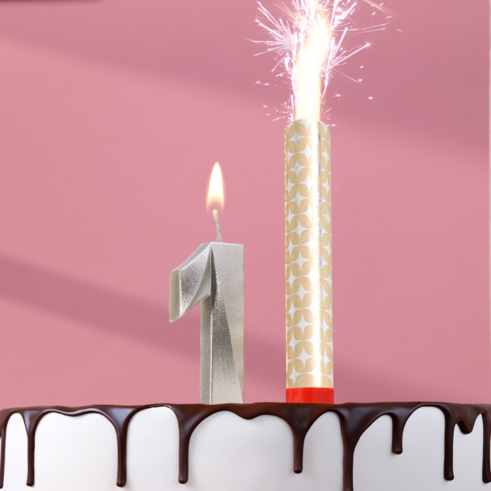 Свеча в торт "Грань + фонтан", цифра "1", серебряный металлик, 6,5 см