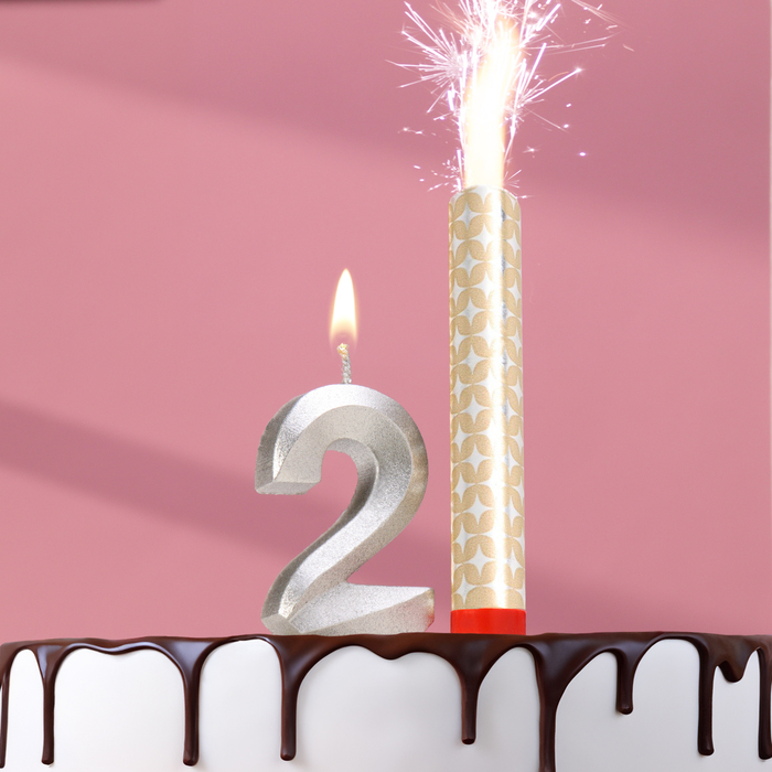 Свеча в торт "Грань + фонтан", цифра "2", серебряный металлик, 6,5 см