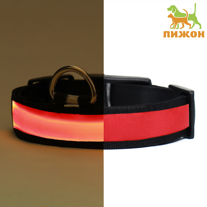Ошейник с подсветкой Flash 3 режима свечения, размер М, ОШ 40-48×2.5 см, красный - Фото 1