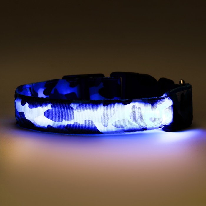 Ошейник с подсветкой Милитари 3 режима свечения размер L, ОШ 48-60 х 2,5 см синий
