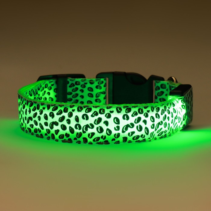 Ошейник с подсветкой Леопард 3 режима свечения, размер L, ОШ 48-60 х 2,5 см зелёный