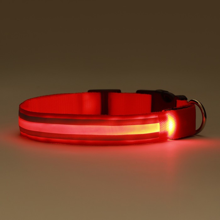 Ошейник с подсветкой Двойная полоса размер S, ОШ 35-43 х 2,5 см, 3 режима свечения красный 977224